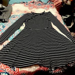 White and Navy Blue Striped Open Shoulder Dress